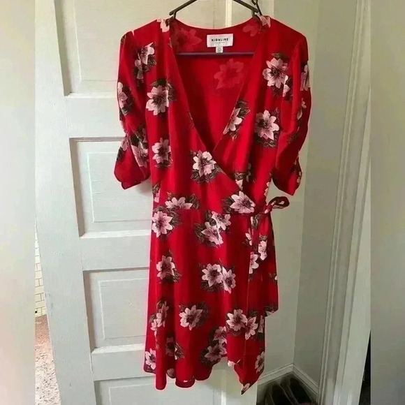 floral red sundress wrap around with puffy sleeves size large - Picture 1 of 9